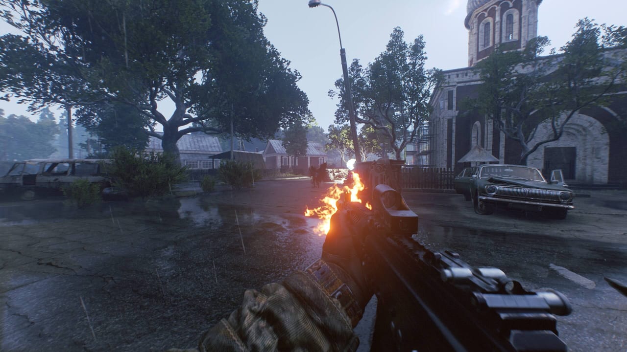 Active Matter first-person screenshot of an operative firing a rifle on a rain-soaked village street