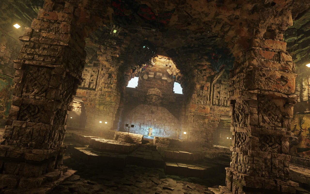 Wide Active Matter screenshot of a stone ruin interior used as a raid battleground